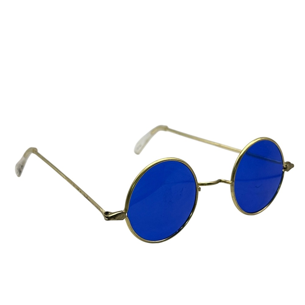 Vintage Style Round Blue Lens Sunglasses Gold Tone Wire Frame Ozzy Style Retro
